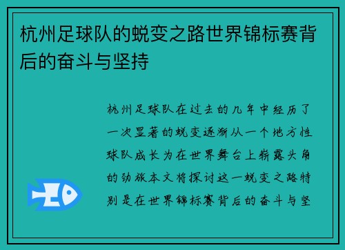 杭州足球队的蜕变之路世界锦标赛背后的奋斗与坚持